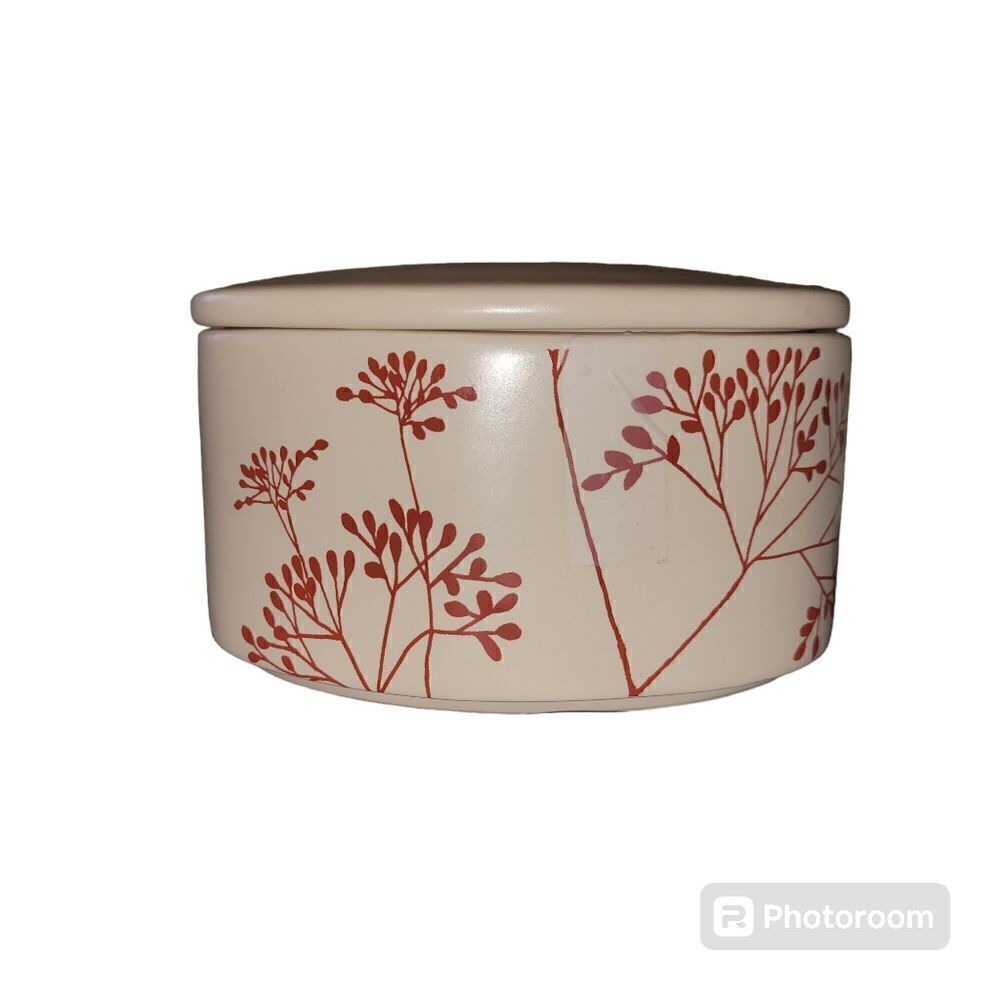Oval cream trinket boxs with red floral print.  ^